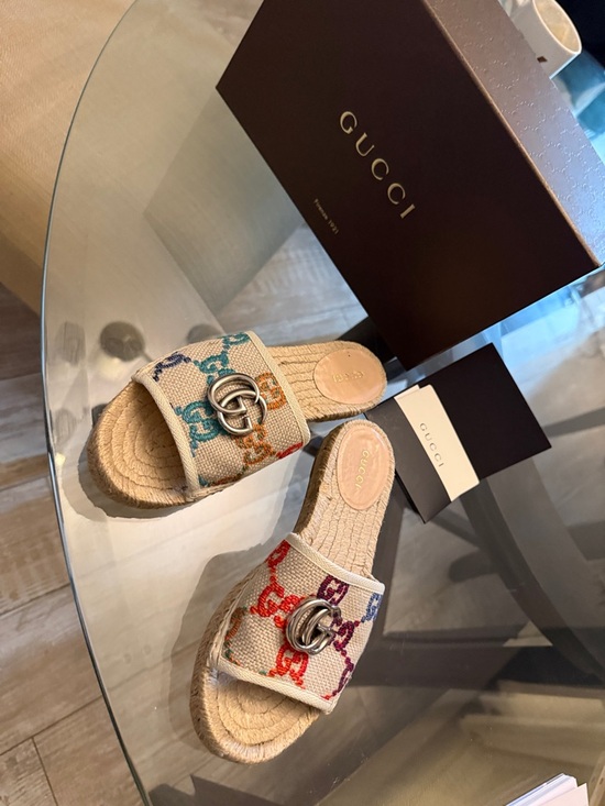 Gucci Shoes - Gucci Multicolor GG Canvas Espadrille Slide Sandals with Silver Double G